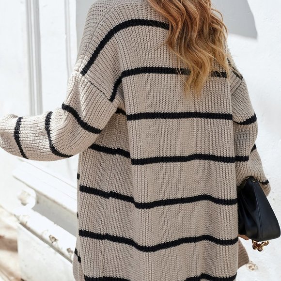 Grey Casual Womens Striped Pattern Drop Shoulder Open Front Cardigan - Picture 2 of 5